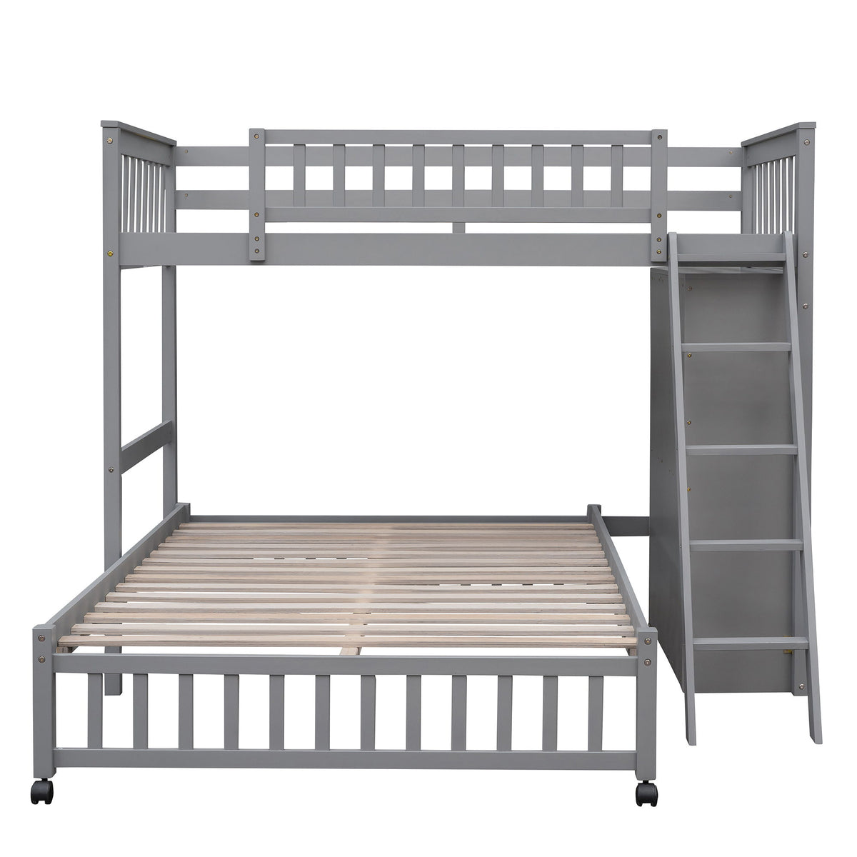 Twin Over Full Bunk Bed With 6 Drawers And Flexible Shelves, Bottom Bed With Wheels - Gray
