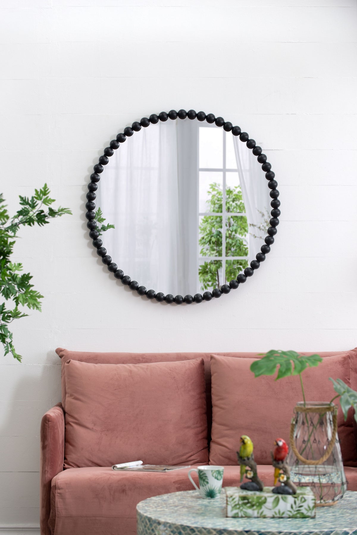 Espejo circular con marco de cuentas de metal, espejo de pared para sala de estar, dormitorio y entrada - Negro
