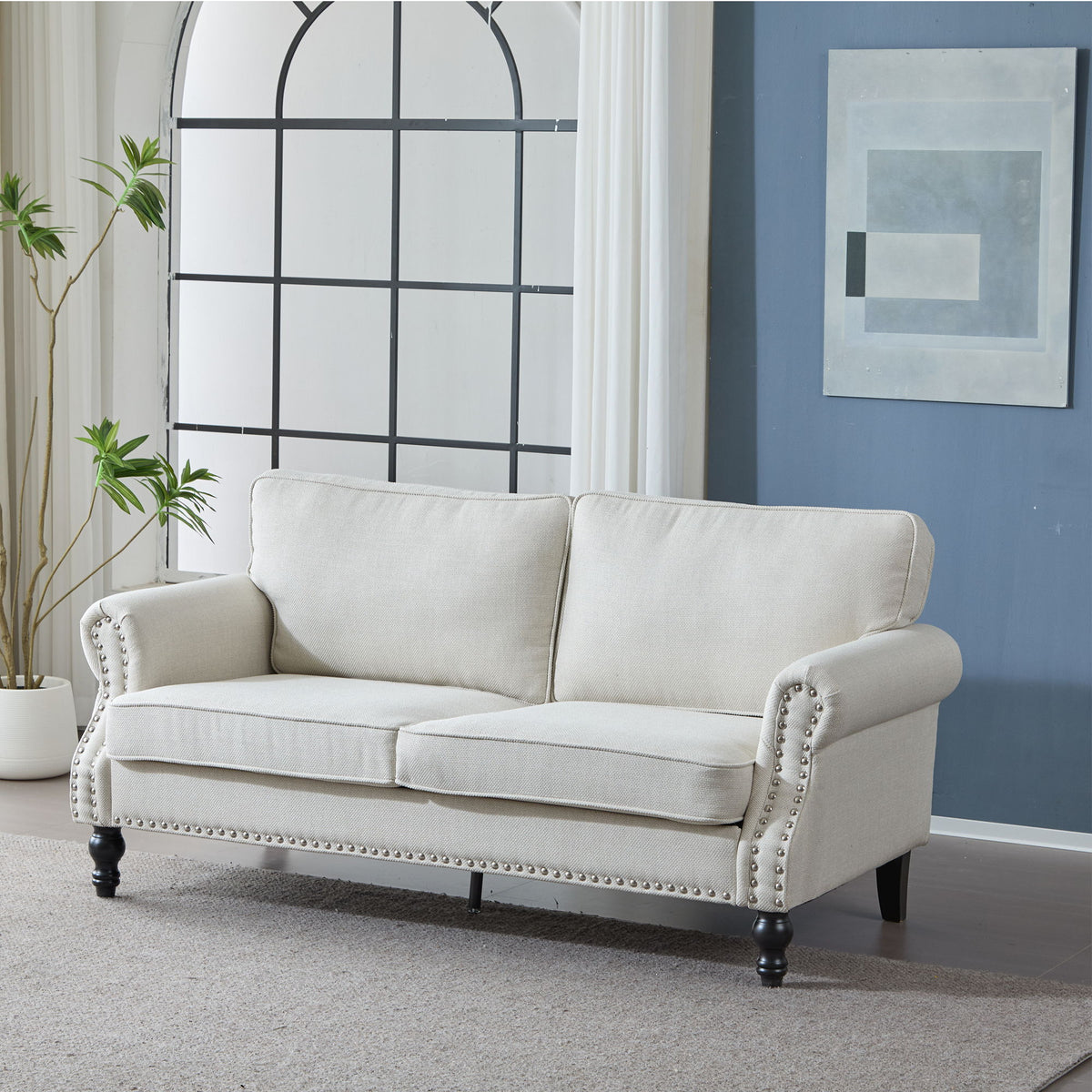 Rolled Arm Sofa With Nailhead Trim 2 Seater Upholstered Couch With Wooden Legs For Living Room Or Bedroom Deep Seat Design - Beige