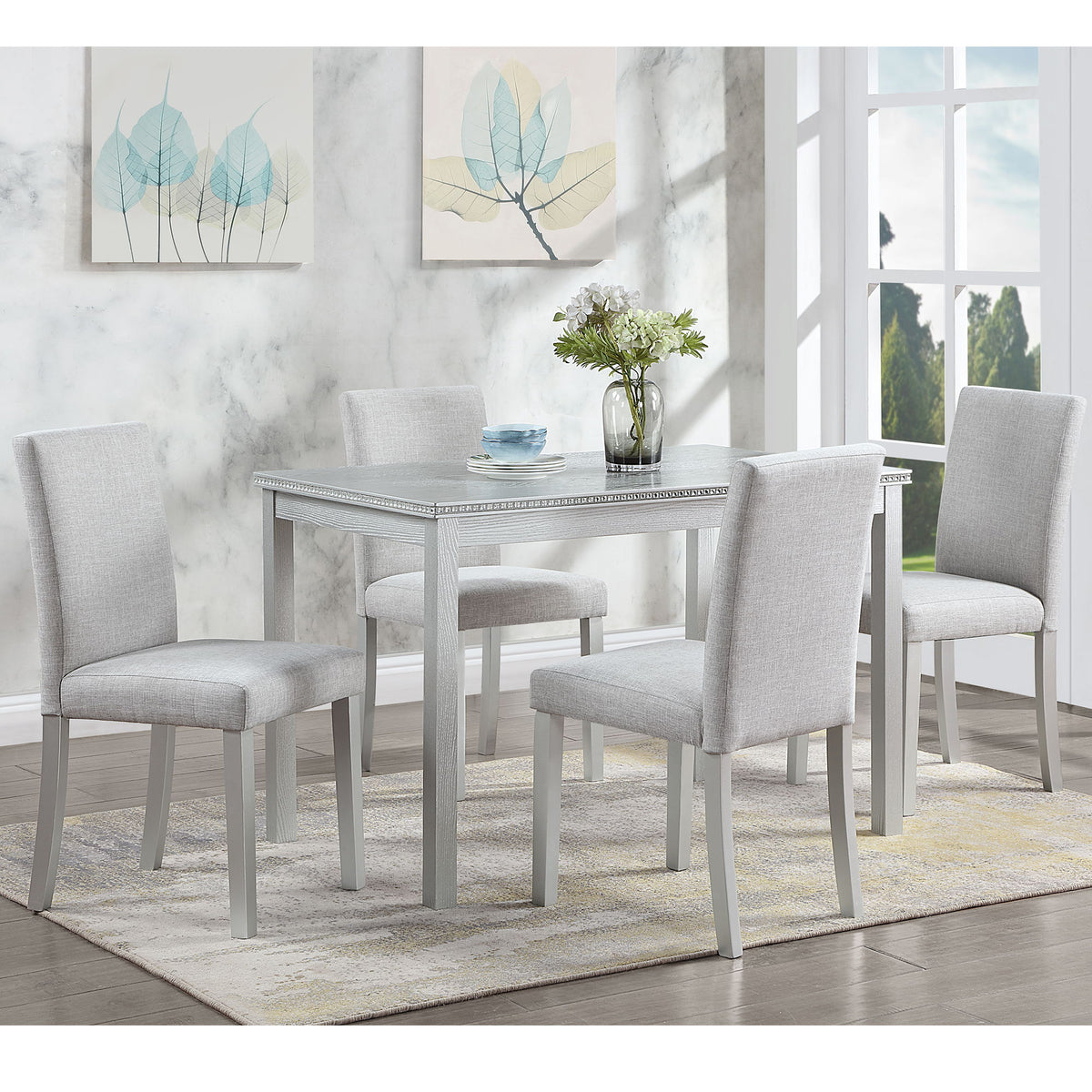 Dining Table Set With Crystal Decoration And Upholstered Chairs