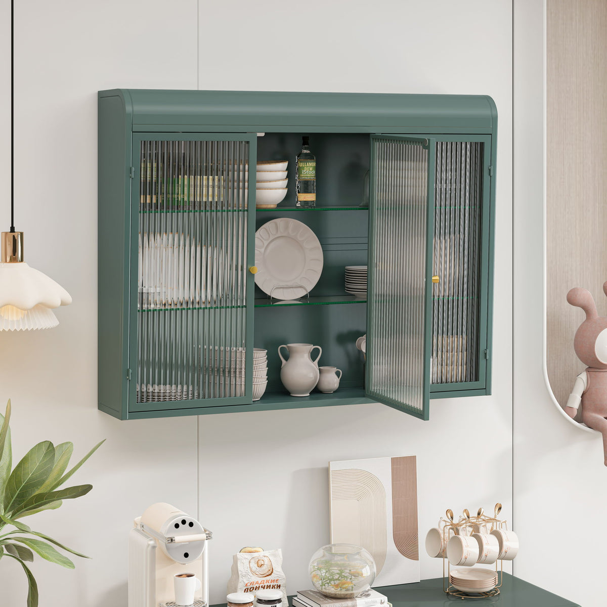 Arched Wall Mounted Cabinet, 3 Door Storage For Kitchen - Dark Green