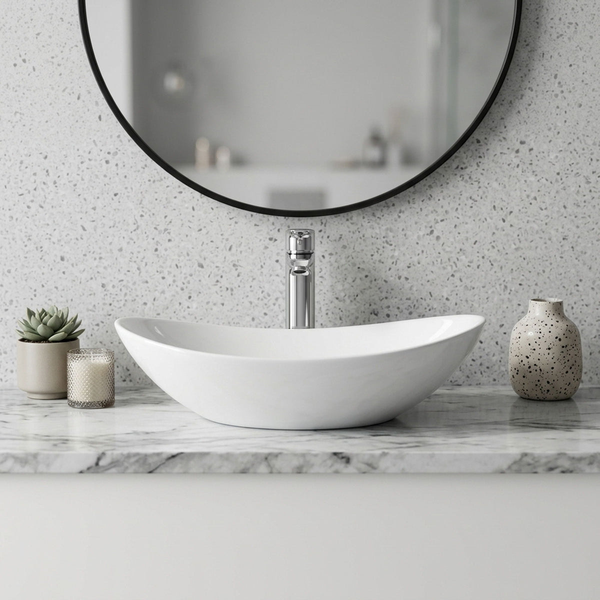 White Oval Ceramic Vessel Sink, Modern Minimalist Art Bathroom Sink Bowl, Countertop Vanity Basin