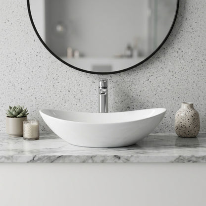White Oval Ceramic Vessel Sink, Modern Minimalist Art Bathroom Sink Bowl, Countertop Vanity Basin