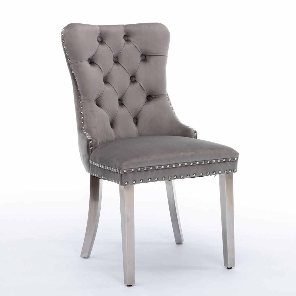 Nikki - Silla de comedor moderna y de alta gama, de madera maciza capitoné, tapizada en terciopelo, con patas de acero inoxidable cromado y ribete de tachuelas (juego de 2)