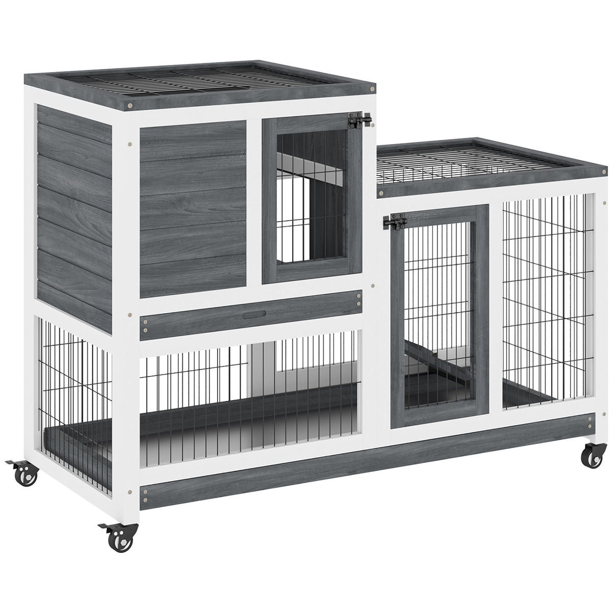 Pawhut - Wooden Rabbit Hutch Elevated Bunny Cage Indoor Small Animal Habitat With Enclosed Run With Wheels, Ramp, Removable Tray Ideal For Guinea Pigs - Gray / White