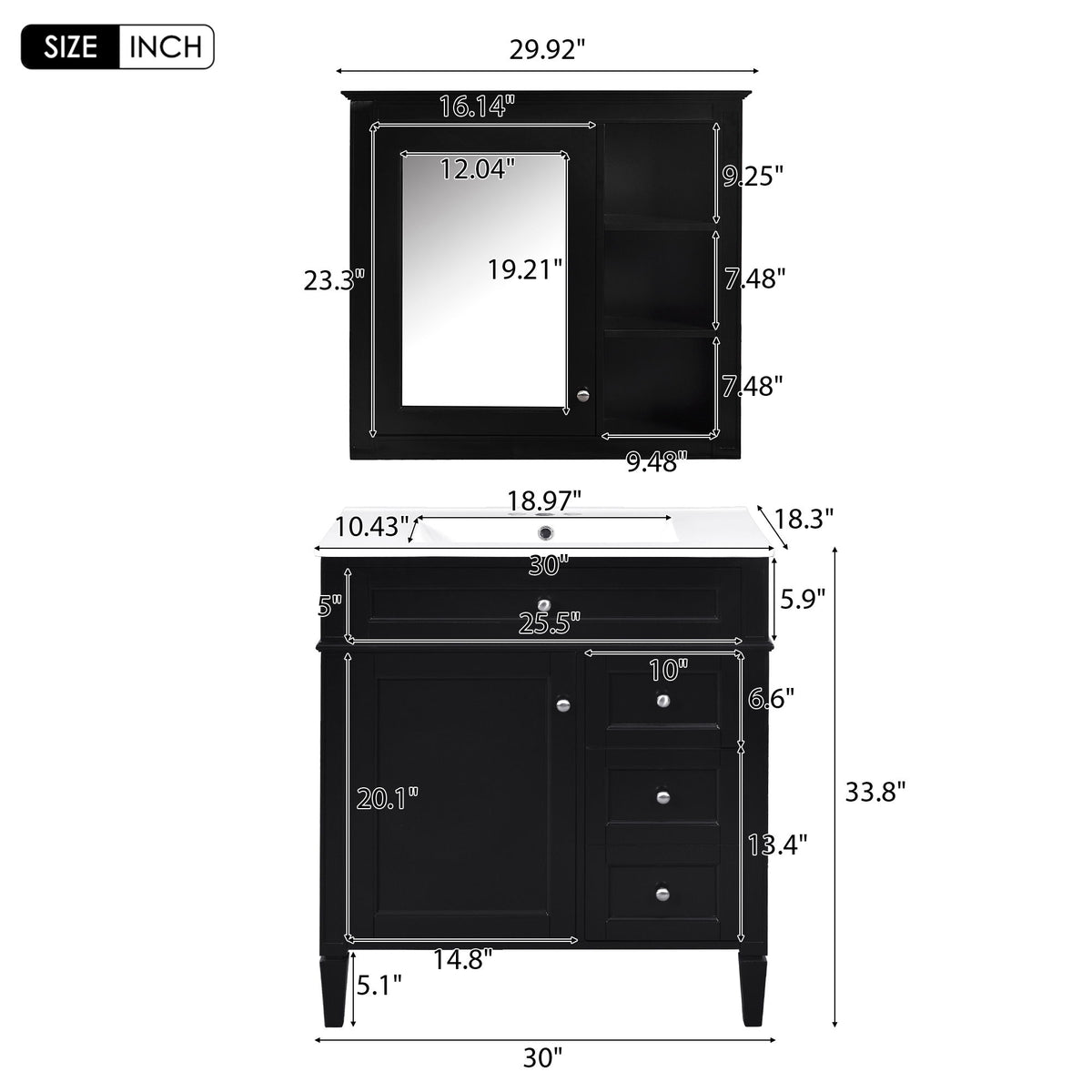 Bathroom Vanity With Top Sink, 2 Doors And 3 Drawers, Freestanding Set With Mirror Cabinet