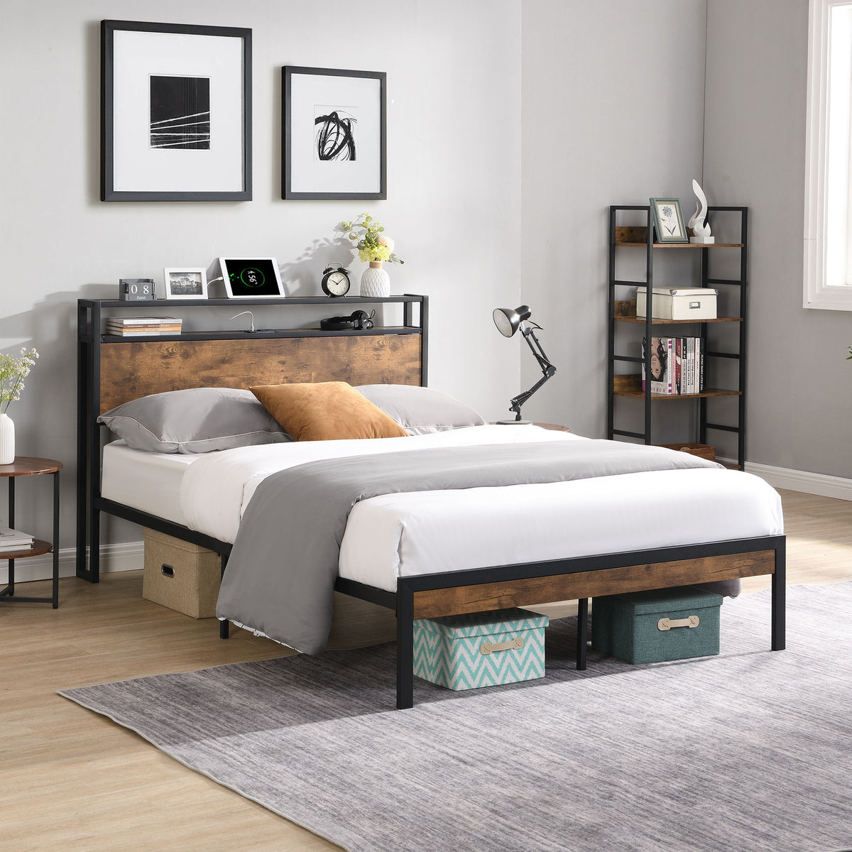 Metal Platform Bed Frame With Wooden Headboard And Footboard With USB Liner, No Box Spring Needed, Under Bed Storage