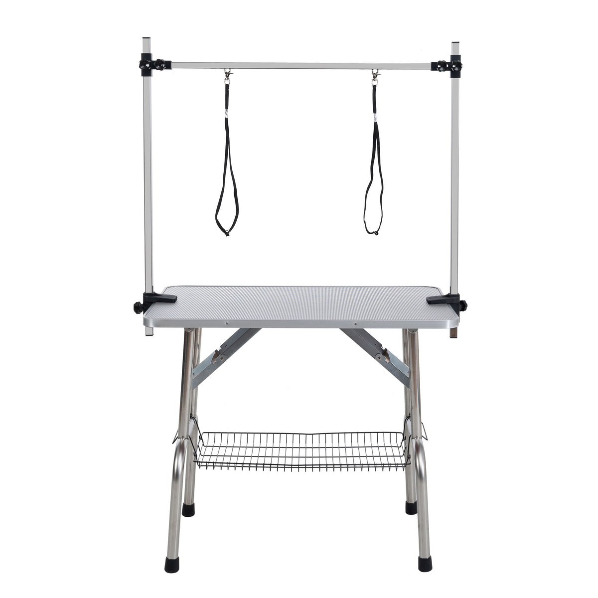 Mesa de aseo plegable para perros y gatos con marco de acero inoxidable y alfombrilla de goma integrada, brazo ajustable y abrazaderas.