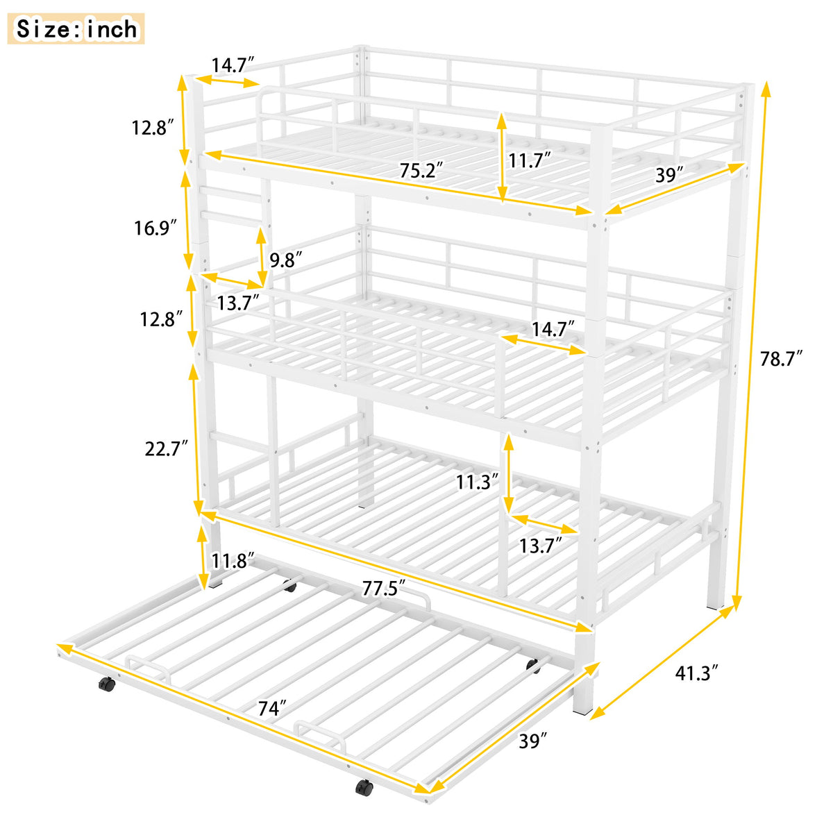 Triple Bunk Bed With Trundle, Heavy Duty Steel Construction