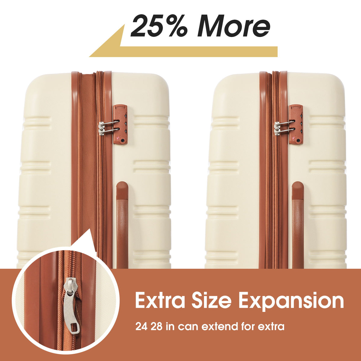 Juego de 3 maletas rígidas con ruedas y cerradura TSA, disponibles en 20, 24 y 28 pulgadas.