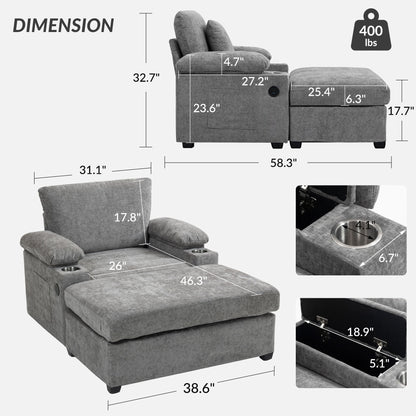Modern Oversized Chair With Ottoman, Chenille Fabric Sofa Bed, Accent Chair Comfy Sofa With Cupholders And USB Charging Ports Chair For Living Room - Gray