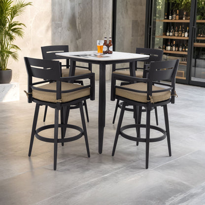 5 Pieces Outdoor Patio Bar Set, Rounded Square Sintered Stone Table & 4 Swivel Bar Chairs