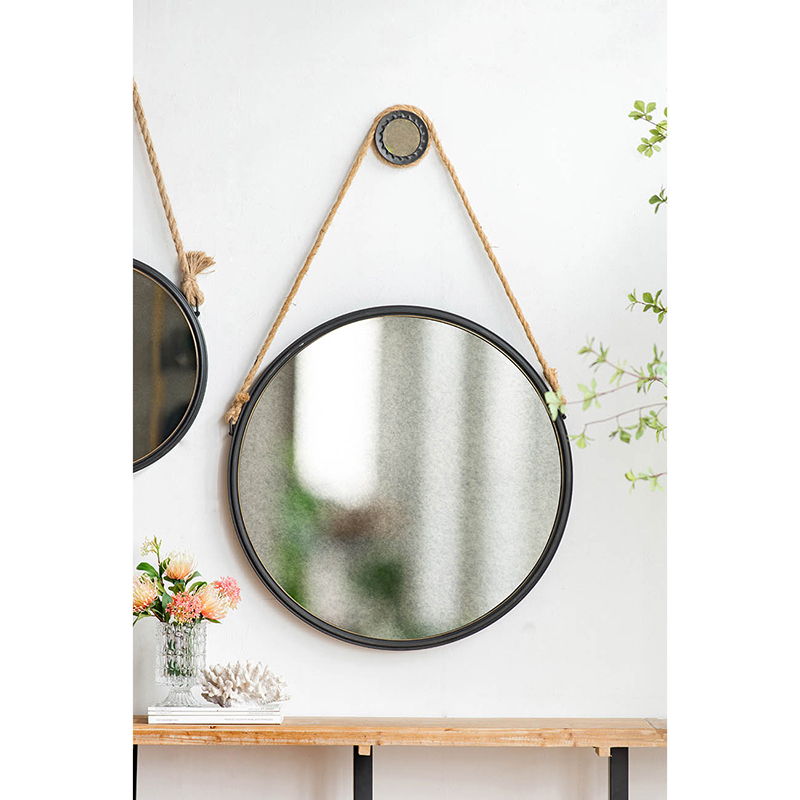 Handsome Cleveland Mirror With Rope Strap Contemporary Design Circle Mirror With Round Metal Frame For Wall Decor