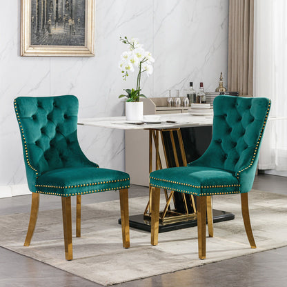 Nikki - Silla de comedor moderna y de alta gama, de madera maciza capitoné, tapizada en terciopelo, con patas de acero inoxidable dorado y ribete de tachuelas (juego de 2)