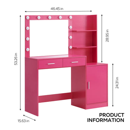 Tocador con espejo e iluminación, tocador de 128 cm con 2 cajones grandes y organizador vertical grande, 3 niveles de altura y 3 modos de iluminación con brillo ajustable, ideal para dormitorio.