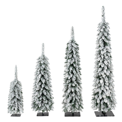 4 Pack Slim Pencil Christmas Trees With Snow Tips, Warm LED Lights, For Indoor Use - Green