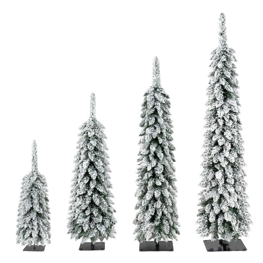 4 Pack Slim Pencil Christmas Trees With Snow Tips, Warm LED Lights, For Indoor Use - Green