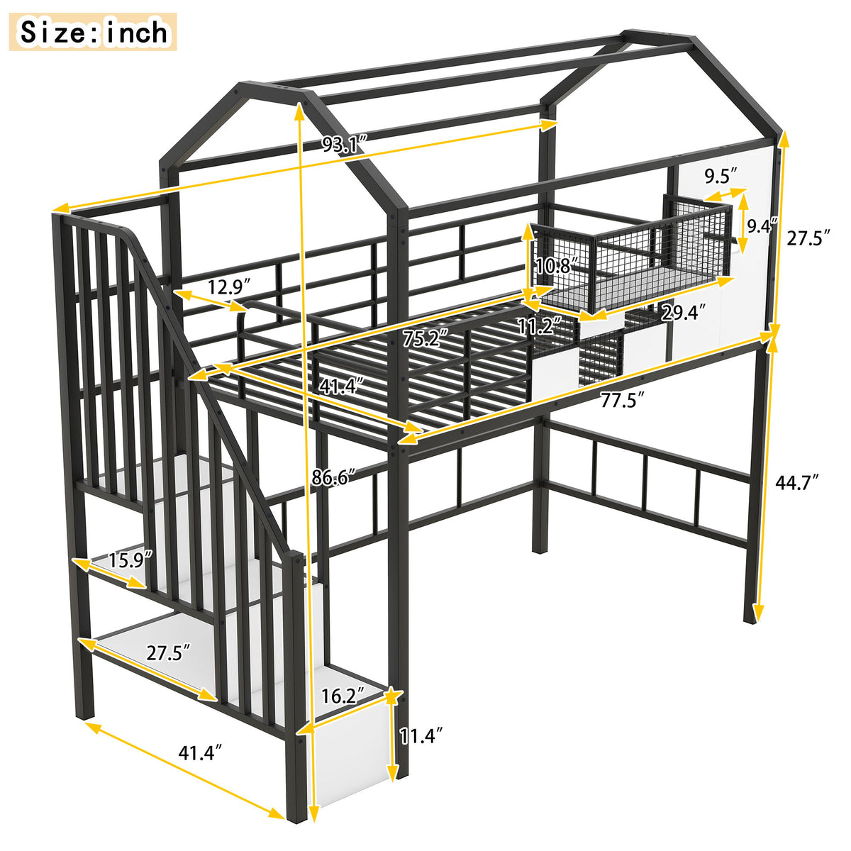 Metal Loft Bed With Roof Design And Storage Box With Guardrails And Integrated Ladder