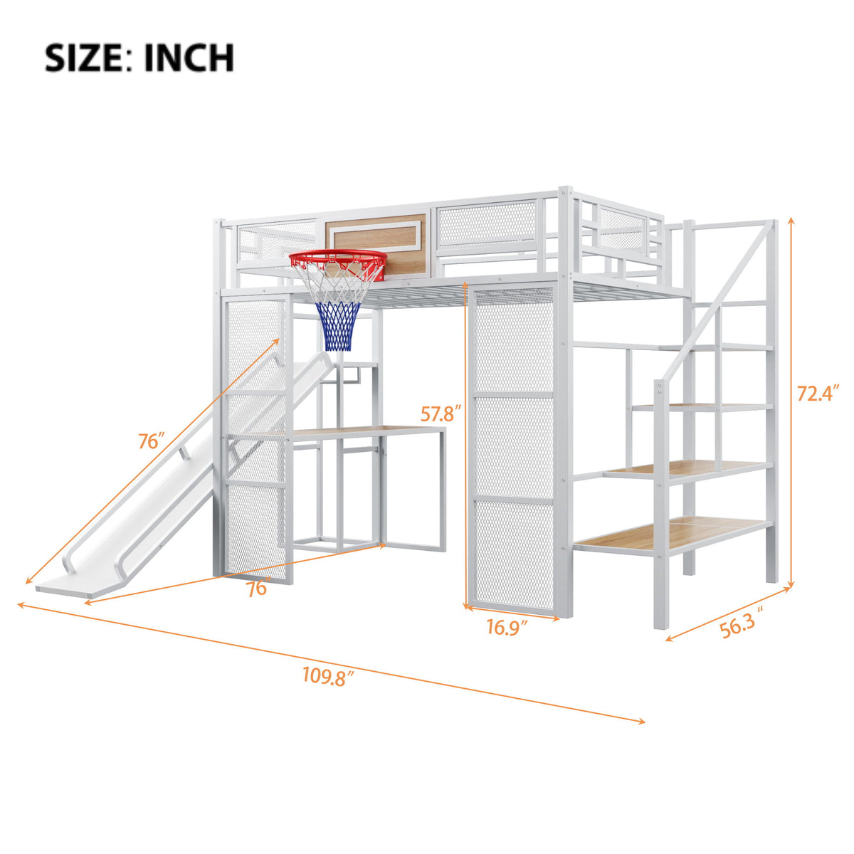 Loft Bed With Built In Desk, Open Wardrobe, Basketball Hoop, Slide And Staircase