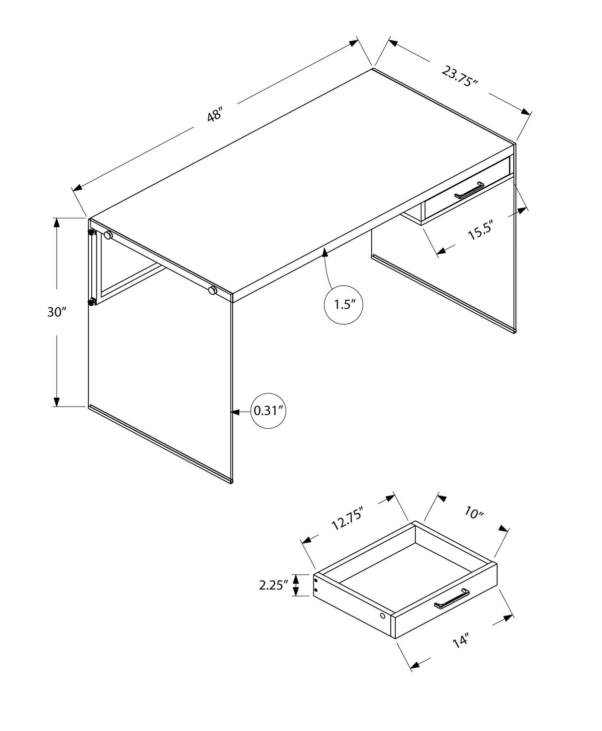 Escritorio de computadora de diseño contemporáneo para oficina en casa, con cajones de almacenamiento.