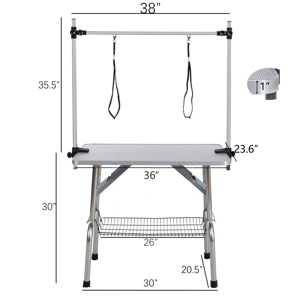 Mesa de aseo plegable para perros y gatos con marco de acero inoxidable y alfombrilla de goma integrada, brazo ajustable y abrazaderas.
