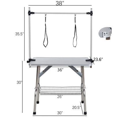 Mesa de aseo plegable para perros y gatos con marco de acero inoxidable y alfombrilla de goma integrada, brazo ajustable y abrazaderas.
