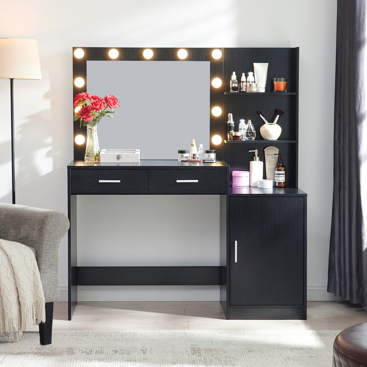 Tocador con espejo e iluminación, tocador de 128 cm con 2 cajones grandes y organizador vertical grande, 3 niveles de altura y 3 modos de iluminación con brillo ajustable, ideal para dormitorio.