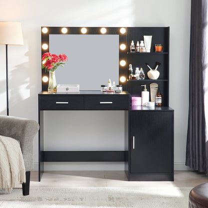 Tocador con espejo e iluminación, tocador de 128 cm con 2 cajones grandes y organizador vertical grande, 3 niveles de altura y 3 modos de iluminación con brillo ajustable, ideal para dormitorio.