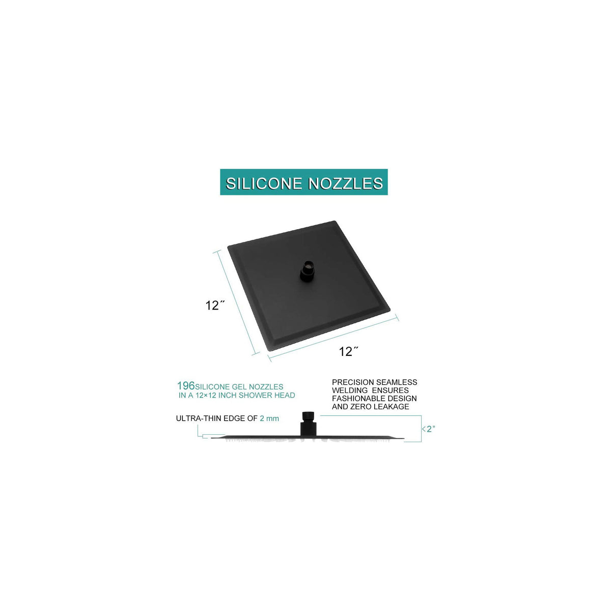 12" Square Rainfall Shower Head With Wall / Ceiling Mount, 304 Stainless Steel - Matte Black