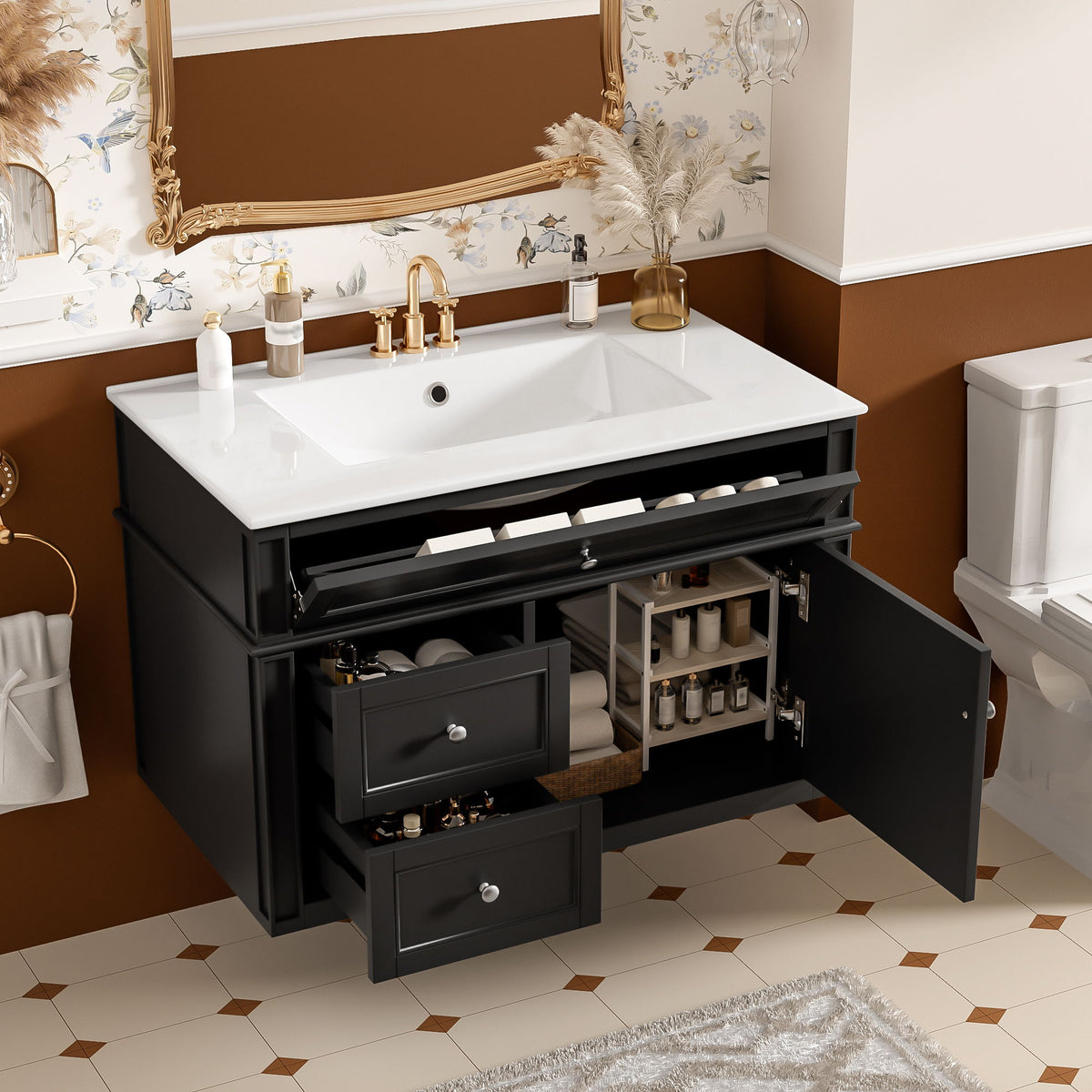 Wall Mounted Bathroom Vanity With 2 Drawers, 1 Tip Out Drawer, 3 Holes Sink
