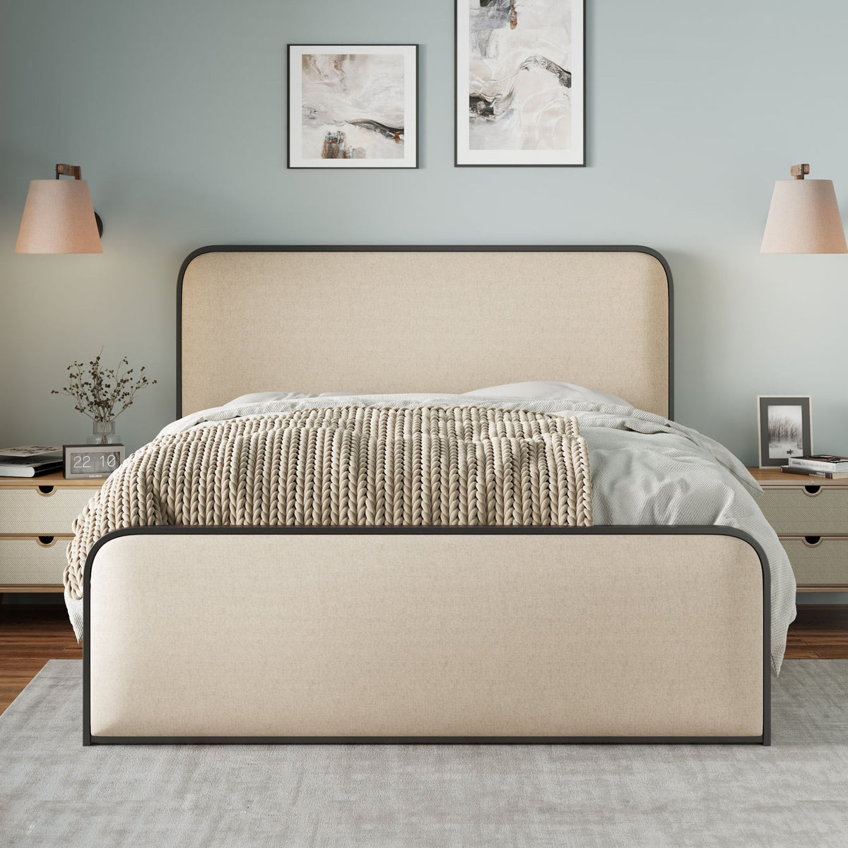 Modern Bed With Curved Upholstered Headboard And Footboard, Heavy Duty Metal Slats