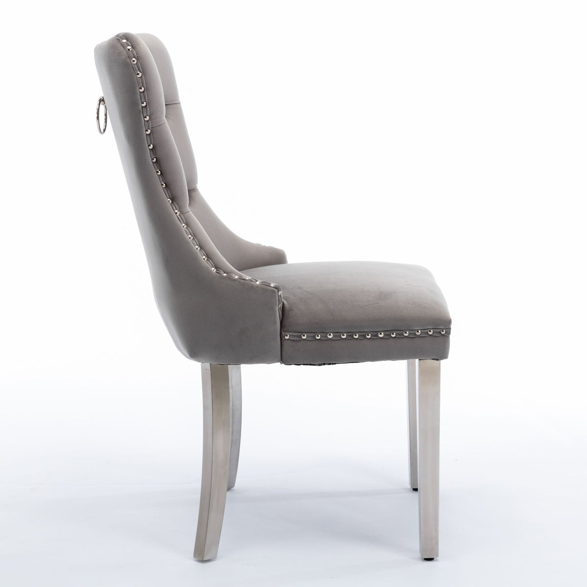 Nikki - Silla de comedor moderna y de alta gama, de madera maciza capitoné, tapizada en terciopelo, con patas de acero inoxidable cromado y ribete de tachuelas (juego de 2)