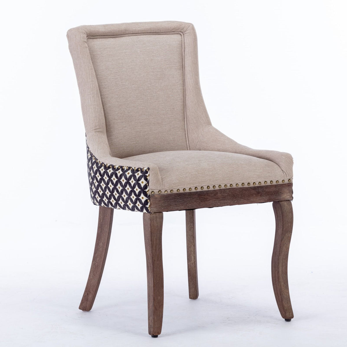 Silla de comedor Ultra Side, de tela gruesa con patas de madera maciza en tonos neutros y tachuelas de bronce (juego de 2)