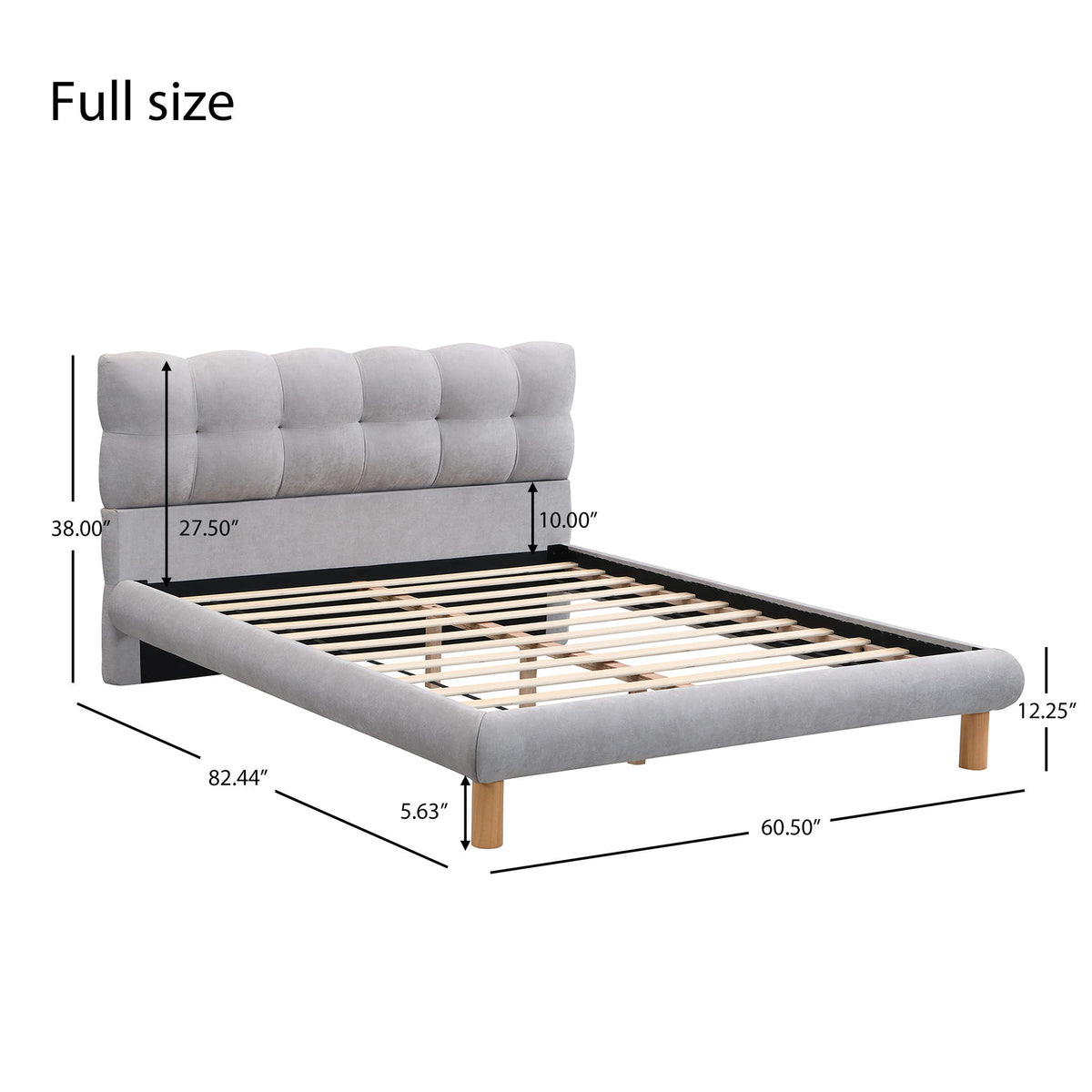 Full Upholstered Platform Bed Frame With Cookie Shaped Headboard - Gray