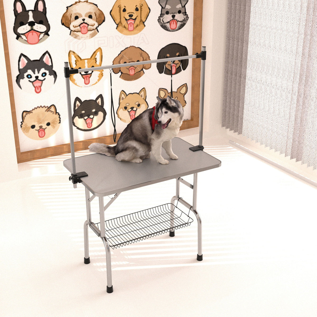Mesa de aseo plegable para perros y gatos con marco de acero inoxidable y alfombrilla de goma integrada, brazo ajustable y abrazaderas.