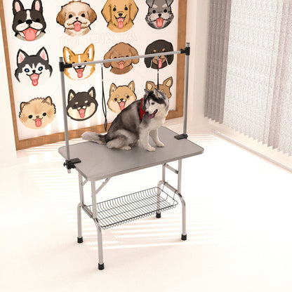 Mesa de aseo plegable para perros y gatos con marco de acero inoxidable y alfombrilla de goma integrada, brazo ajustable y abrazaderas.