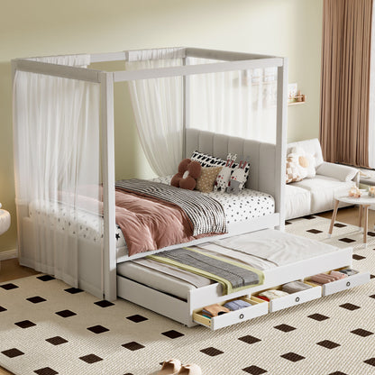 Upholstery Canopy Platform Bed With Trundle And Three Storage Drawers
