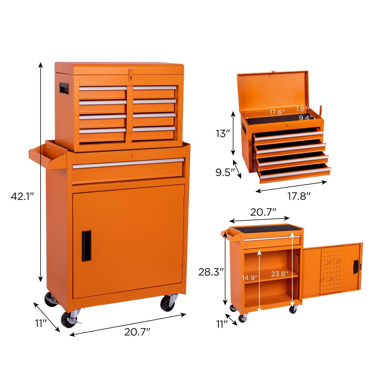 Tool Chest, 5 Drawer Rolling Tool Storage Cabinet With Detachable Top Tool Box, Liner, Universal Lockable Wheels, Adjustable Shelf, Locking Mechanism, Metal Tool Cart For Garage Workshop