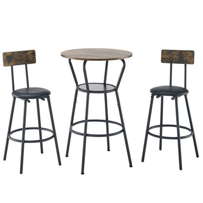 Rustic Brown Round Bar Table And Stool Set With Shelf, Upholstered Stool With Backrest - Antique Brown