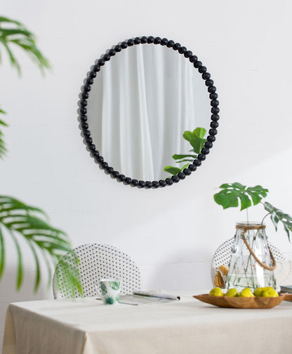 Espejo circular con marco de cuentas de metal, espejo de pared para sala de estar, dormitorio y entrada - Negro