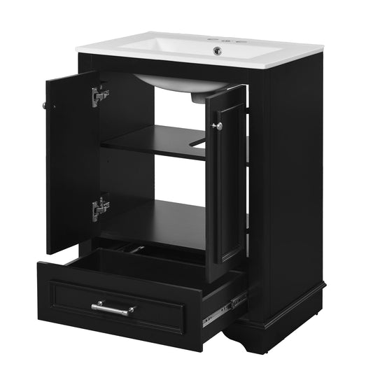 Mueble de baño con lavabo de cerámica, armario de almacenamiento moderno independiente con tiradores plateados.