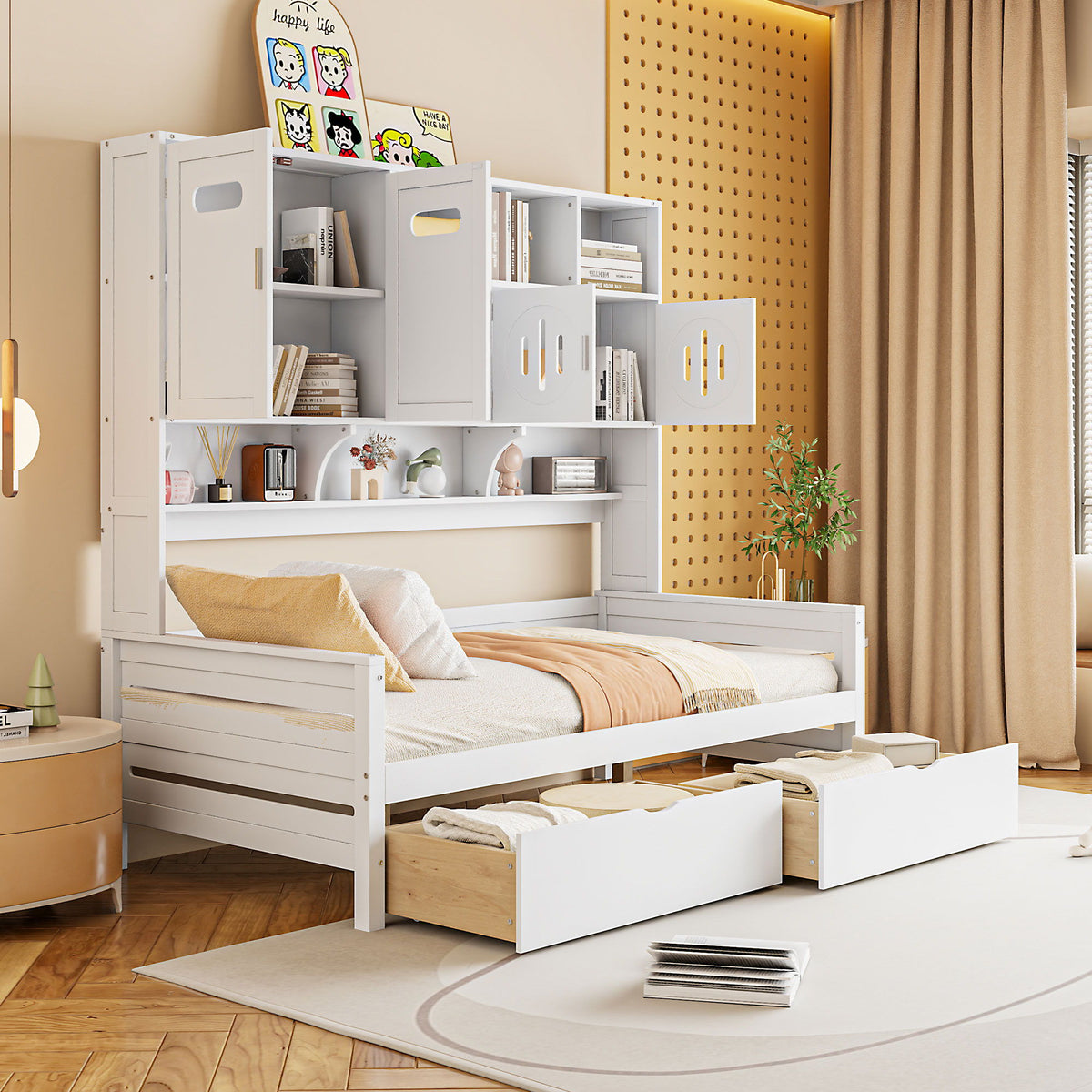 Daybed With All-In-One Cabinet And Shelf