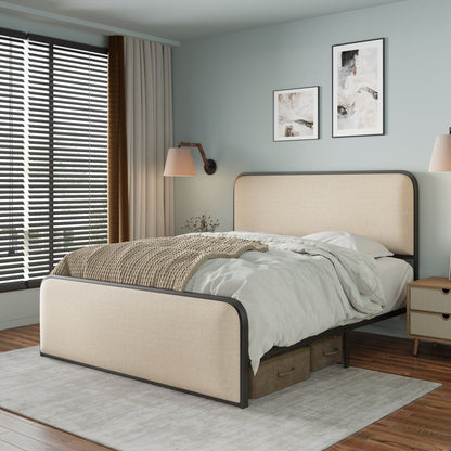 Modern Bed With Curved Upholstered Headboard And Footboard, Heavy Duty Metal Slats
