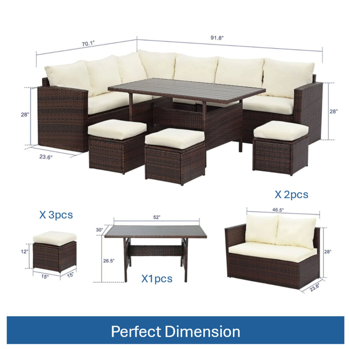 7 Piece Outdoor Dining Set With Cushions, Modular Sectional Sofa And Table