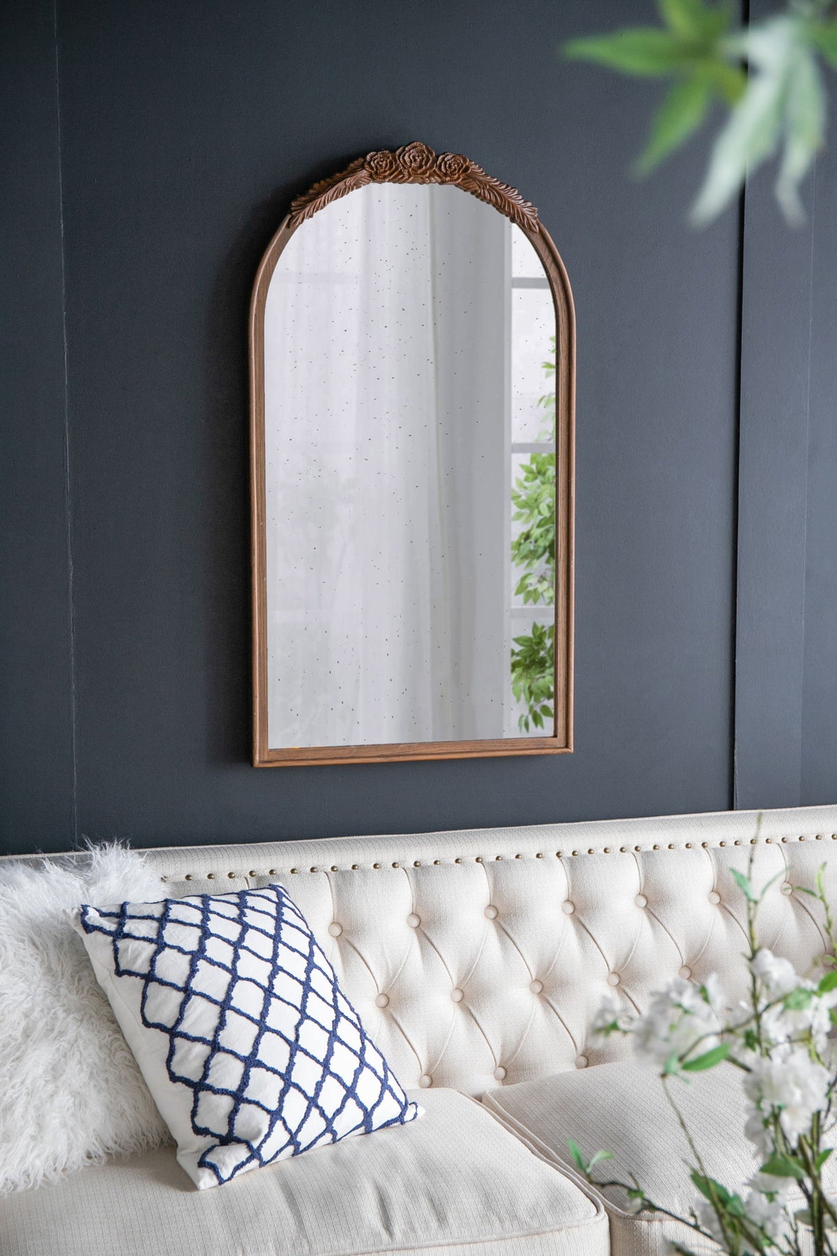Hand Carved Rose Antique Mirror Frame, Wood Arch Mirror Wall Decor For Living Room
