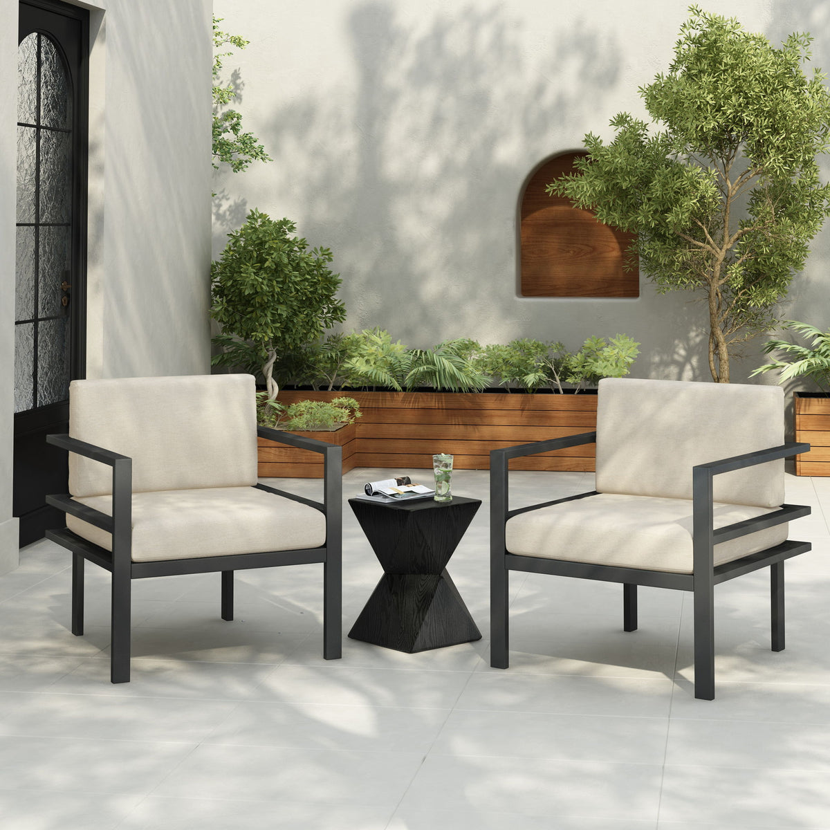 Modern 3 Piece Outdoor Patio Seating Set With Aluminum Frame And Weather Resistant Cushions - Beige / Gray