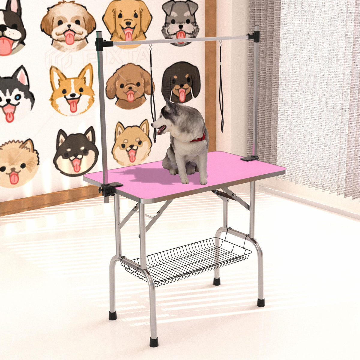 Mesa de aseo plegable para perros y gatos con marco de acero inoxidable y alfombrilla de goma integrada, brazo ajustable y abrazaderas.