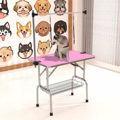 Mesa de aseo plegable para perros y gatos con marco de acero inoxidable y alfombrilla de goma integrada, brazo ajustable y abrazaderas.