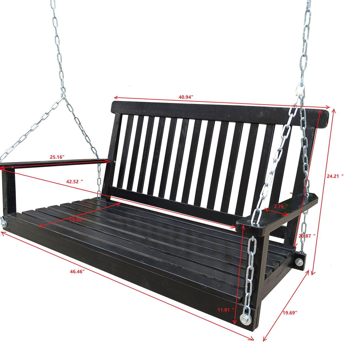 Front Porch Swing With Armrests For Outdoor Patio, Garden Yard, Backyard Or Sunroom