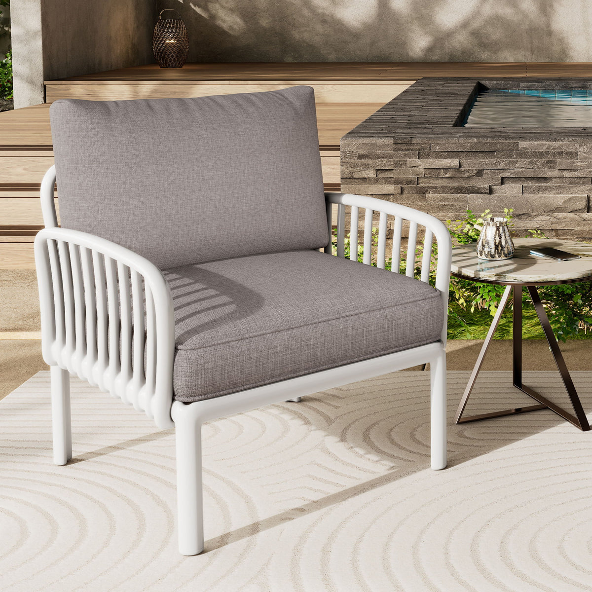 Outdoor Patio Club Chair, Modern Patio Furniture, Waterproof Thick Cushion Deep Seating For Porch, Balcony - White / Gray